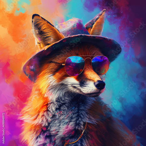 portrait of a fox wearing hat and glassesl photo