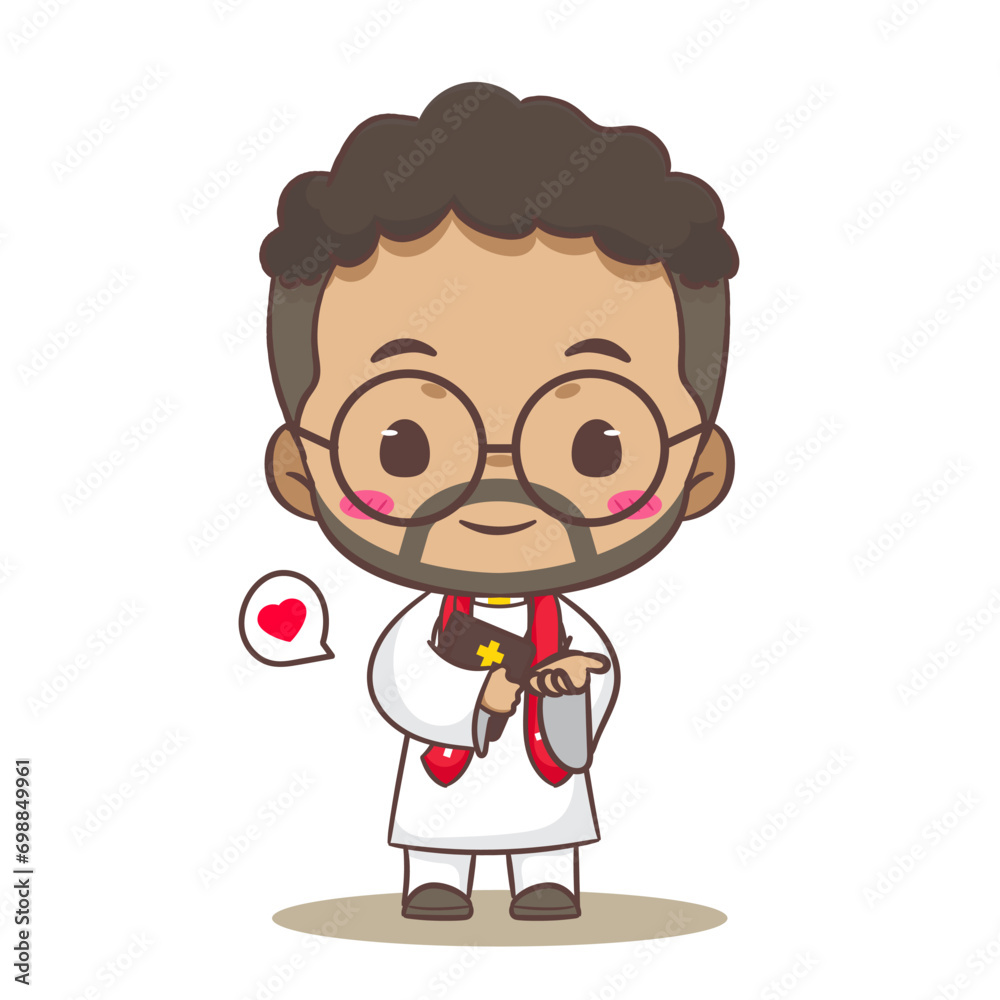 Cute priest or pastor cartoon character illustration. Christian and catholic religion concept design. Profession illustration. Adorable chibi style vector