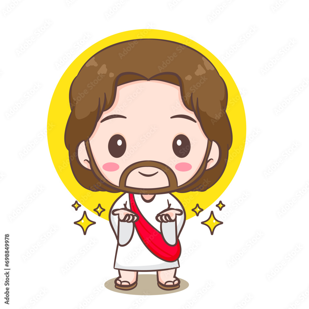 Cute Jesus Christ cartoon character. Christian religion concept design. Hand drawn Chibi character clip art sticker Isolated white background. Vector art illustration