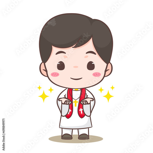 Cute priest or pastor cartoon character illustration. Christian and catholic religion concept design. Profession illustration. Adorable chibi style vector