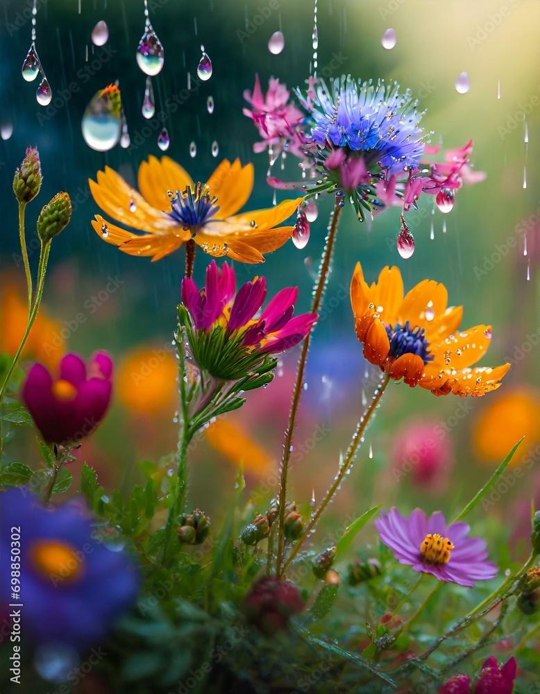 Raindrops Falling on Colorful Wildflowers