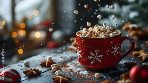 red mug with hot chocolate and marshmallows and gingerbread on a white snowy background