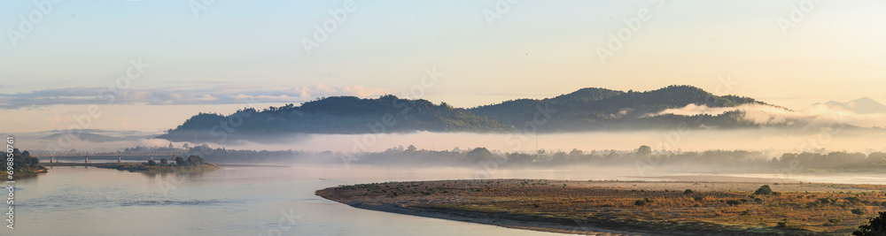 Fototapeta premium Morning Haze over the Irrawaddy River and Bala Min Htin Bridge, Myitkyina, Myanmar