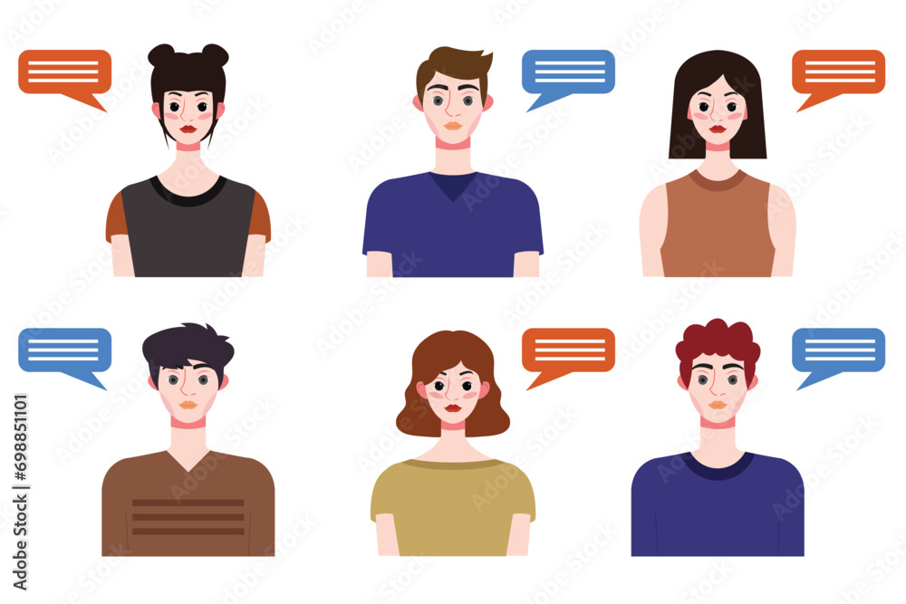 Set of young people avatars with speech bubbles. Vector illustration.