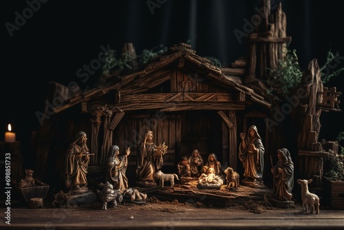 Background featuring rustic wood nativity scene for Christmas holiday. Generative AI