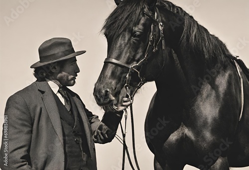 Portrait of a man and a horse. Black and white photo.