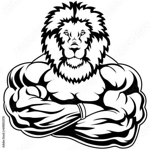 Anthropomorphic Lion bodybuilder with arms crossed on his chest.