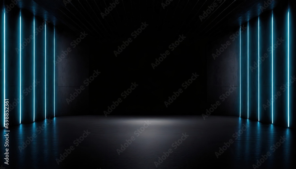 Black abstract neon background with an empty room with black walls and shadows backdrop 3d illustration empty display scene presentation.