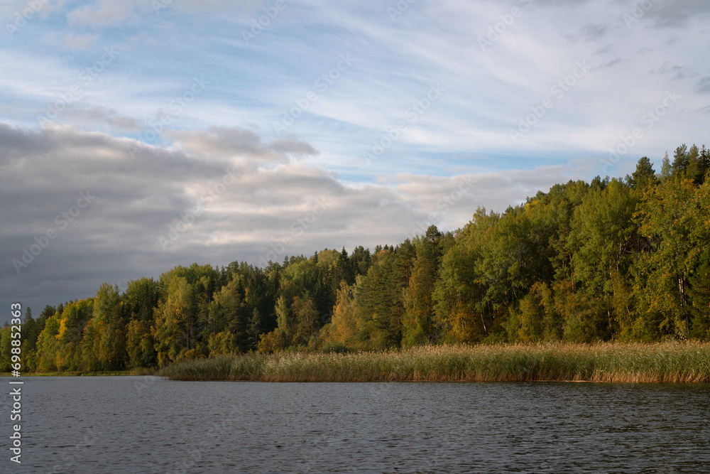 Lake Ladoga near the village Lumivaara on a sunny autumn day, Ladoga skerries, Lakhdenpokhya, Republic of Karelia, Russia Lake Ladoga near the village Lumivaara on a sunny autumn day, Ladoga skerries, Lakhdenpokhya, Republic of Karelia, Russia