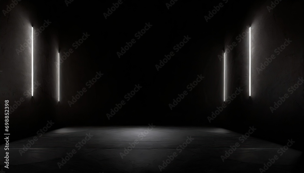 Black abstract neon background with an empty room with black walls and shadows backdrop 3d illustration empty display scene presentation.