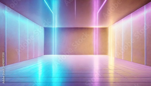 A minimal of the rainbow pastel neon light empty room for design purposes.