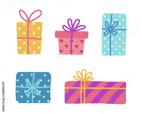 Gift box vector icon set. Bright closed containers with bow, ribbon. Square and rectangular presents are packed in wrapping paper with hearts, polka dots, stars, stripes. Surprise for holiday, party