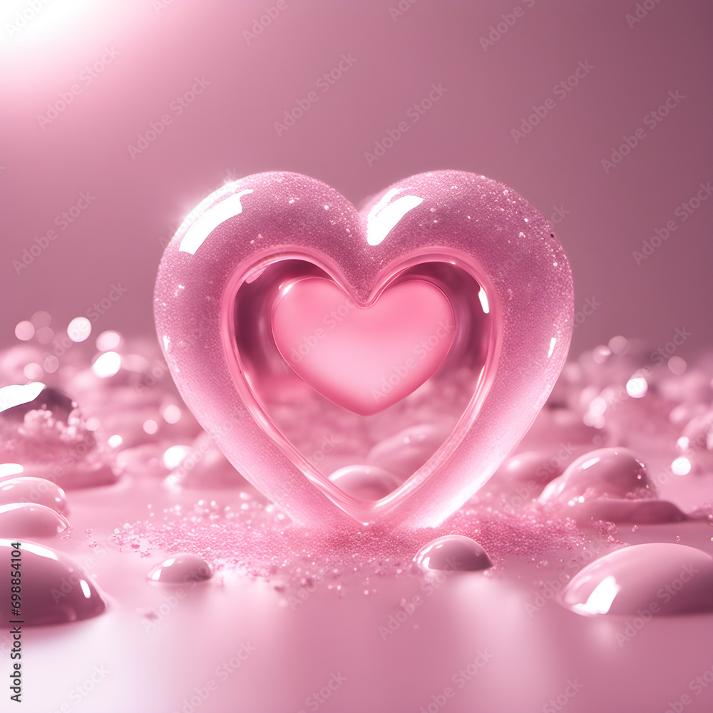 Clear Pink Heart shaped Crystal with liquid drops, Valentine's day Generative AI Art