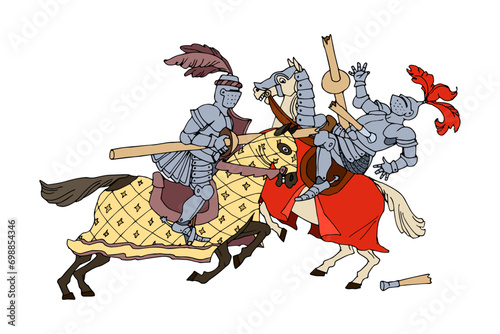 A clash of mounted knights at a festive tournament. Color vector illustration with black contour lines, isolated on a white background in cartoon style.