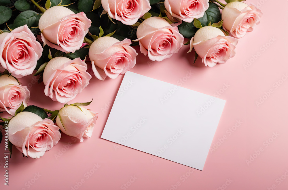 Valentine's Day and Mother's Day. pink roses and blank card