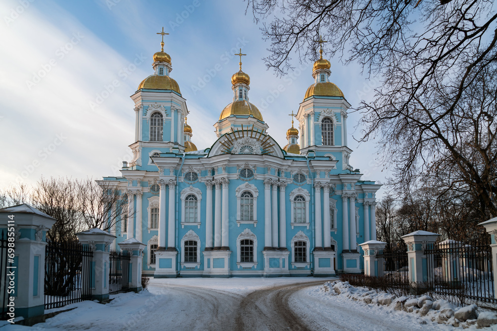 View of the Nikolo-Bogoyavlensky (Nikolsky) Naval Cathedral on a sunny winter day, St. Petersburg, Russia