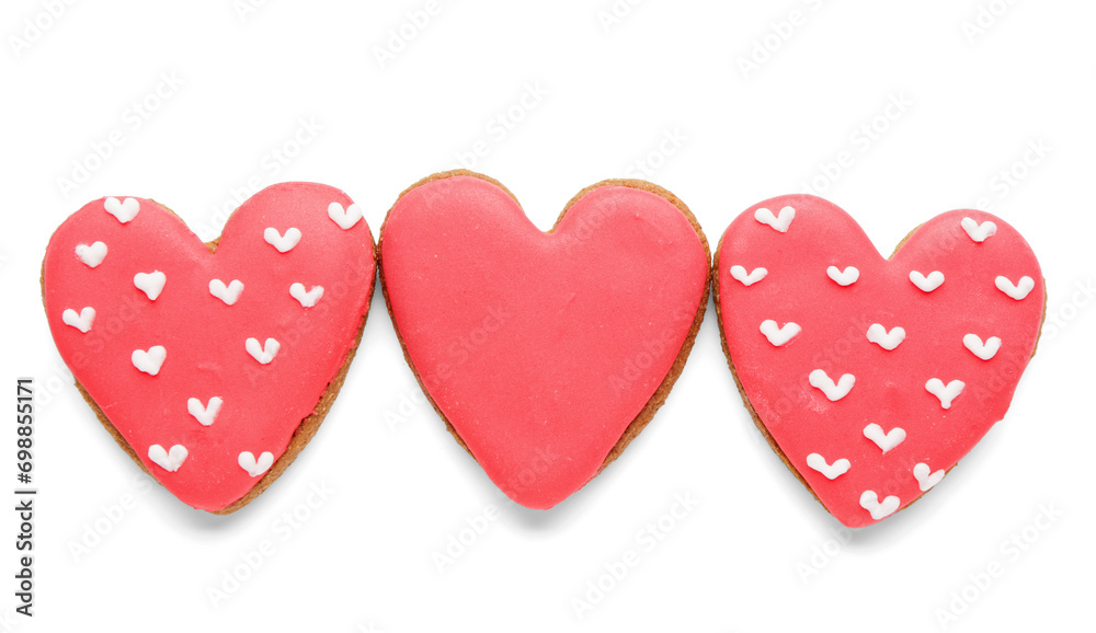 Red heart shaped cookies on white background. Valentine's Day celebration