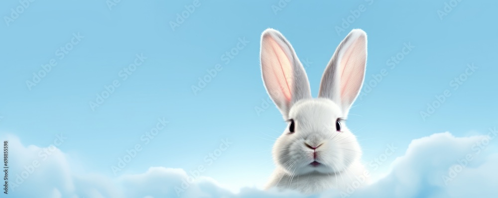 Obraz premium White rabbit ear on pastel blue sky background, white cloud. Easter day