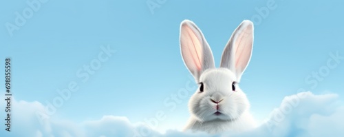 White rabbit ear on pastel blue sky background, white cloud. Easter day © megavectors