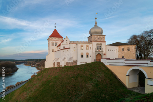 View of the Grodno Old Castle (Grodno Upper Castle) on the banks of the Neman River on a sunny day, Grodno, Belarus