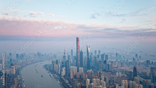 Aerial view of Shanghai skyline and cityscape at sunrise time, China.