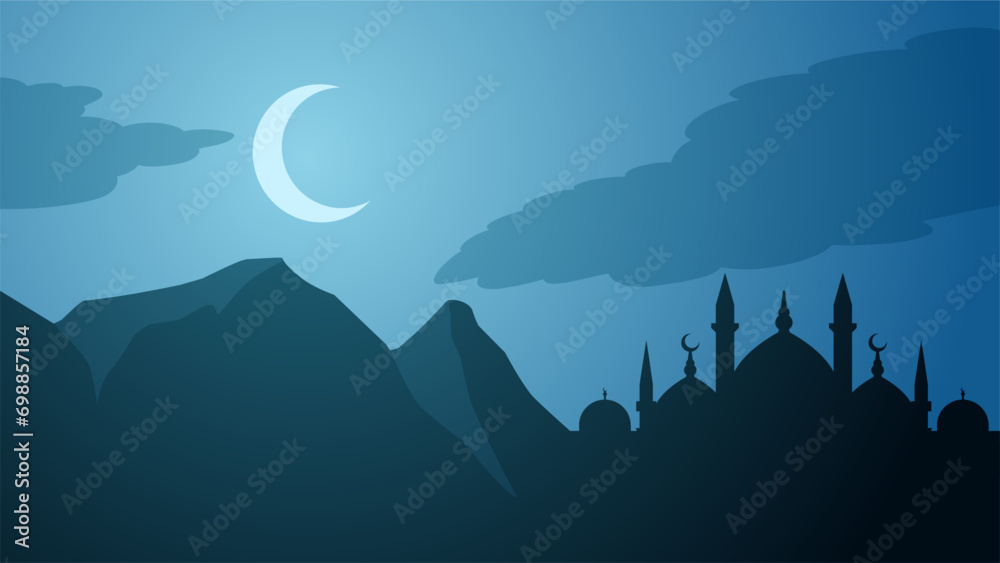 Mosque silhouette in the night with crescent moon. Ramadan landscape design graphic in muslim culture and islam religion. Mosque landscape vector illustration, background or wallpaper