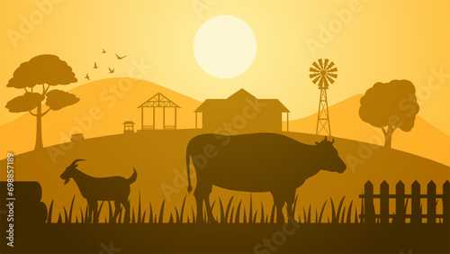 Farmland landscape vector illustration. Countryside silhouette with livestock cow and goat. Rural agriculture landscape for illustration, background or wallpaper