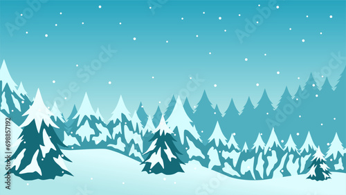 Winter pine forest landscape vector illustration. Silhouette of snow covered coniferous in cold season. Snowy pine forest landscape for background, wallpaper or christmas