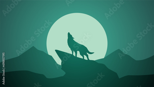 Wildlife wolf landscape vector illustration. Silhouette of wolf howling at full moon night. Wildlife wolf landscape for illustration, background or wallpaper