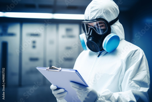 Professional in Hazardous Material Suit Conducting Inspection in a Lab facility photo