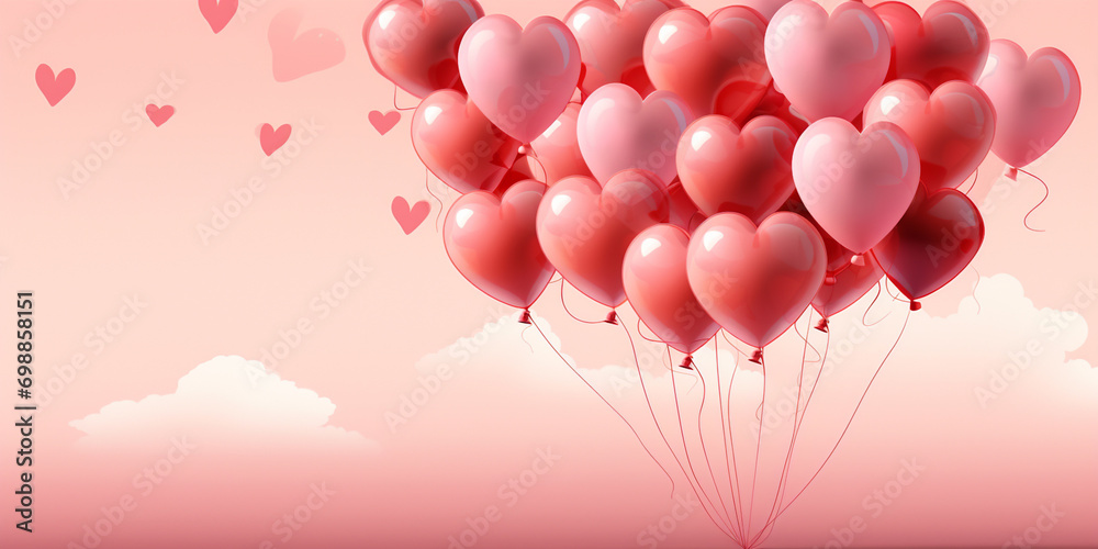 Valentine's day background with heart shaped balloons. 3D Rendering lots of pink hearts concept of love. AI Generative 