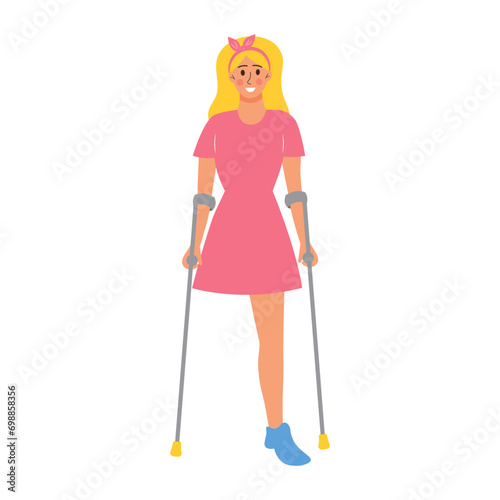 Woman on crutches with no leg. Female character undergoing rehabilitation after trauma or accident. Disabled person. Support, special needs, limb amputation concept.