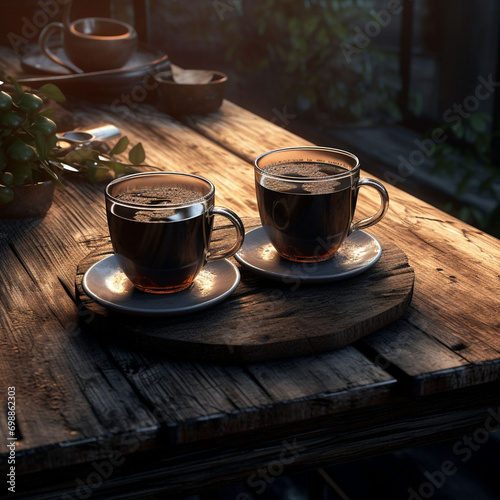 cup of coffee on the wood table photo