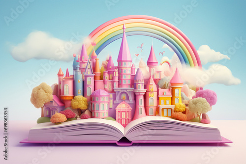enchantment as a fairy tale castle magically pops out from the pages of a fantasy book, adorned with a delightful rainbow and pastel hues. Generative AI.