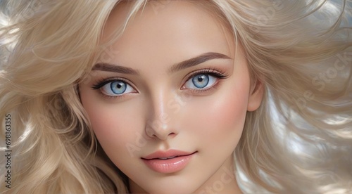 radiant and blissful woman, her long, flowing blonde hair cascades beautifully, complementing her mesmerizing grey eyes and glossy lips. With an expression of pure joy