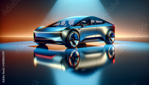 Sleek electric vehicle with 90s and Y2K design on reflective surface. © TechArtTrends
