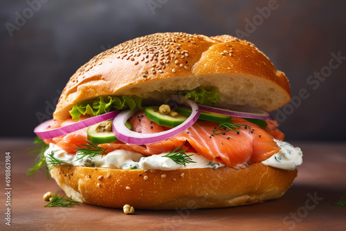 A close-up view of an artisanal smoked salmon bagel sandwich. (Generative AI)