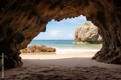 the beach from the inside of a large, rock cave