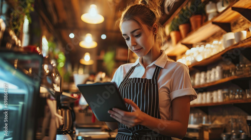 Waitress using digital tablet to view and manage orders in a coffee shop © Maykon
