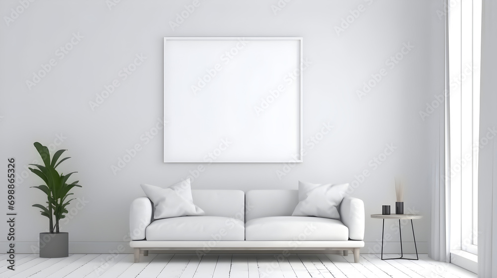 Minimalistic interior design of living room with mock up photo frame, Generative AI Minimalistic interior design of living room with mock up photo frame, Generative AI