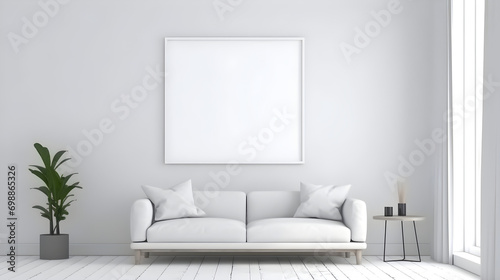 Minimalistic interior design of living room with mock up photo frame, Generative AI