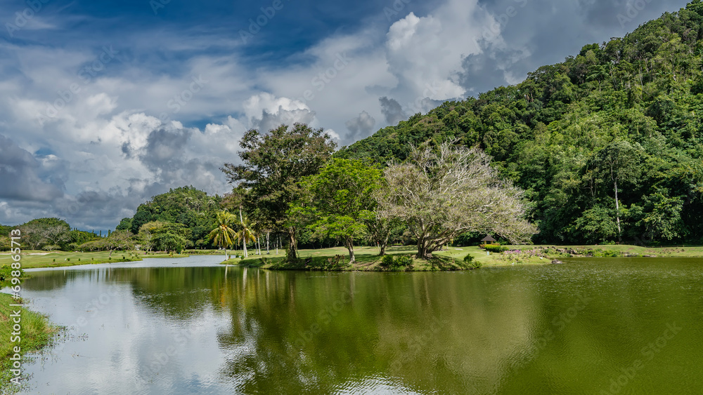A tropical landscape. Trees grow on the shore of a calm lake. There is green grass on the lawns. A hill against a  blue sky and clouds. Reflection in the water Malaysia. Borneo. Kota Kinabalu
