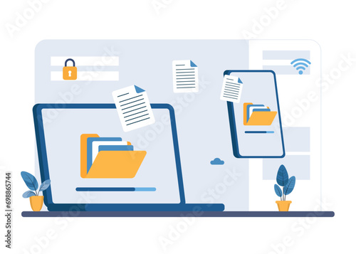 File transfer between laptop and smartphone illustration. folder sharing technology vector, share media data wireless.