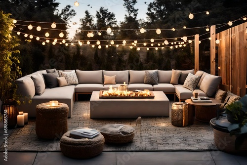 A contemporary outdoor lounge with modular seating, fire pit, and string lights