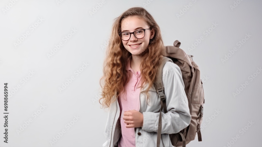 A student girl with a backpack and glasses isolated white background A student girl with a backpack and glasses isolated white background