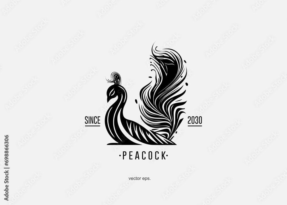 logo vector peacock illustration, with black and white isolated, monocrome, suitable for your promotional media design
