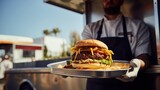  Chef holding hamburger with cheese in a food truck 