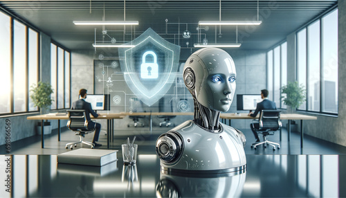 AI Privacy: Modern office with humanoid robot and data shield