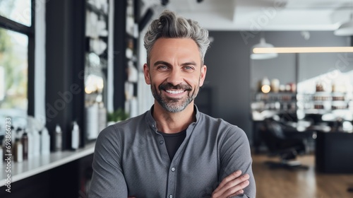 Portrait of smiling owner of hairdresser salon on white background photo