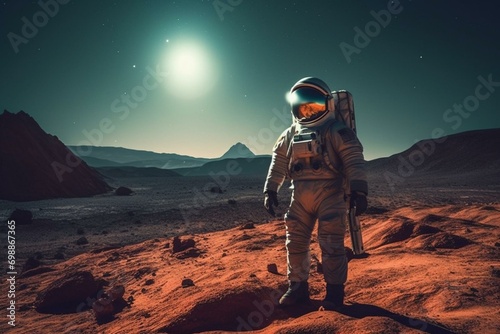 Astro explorer on strange planet. Generative AI photo